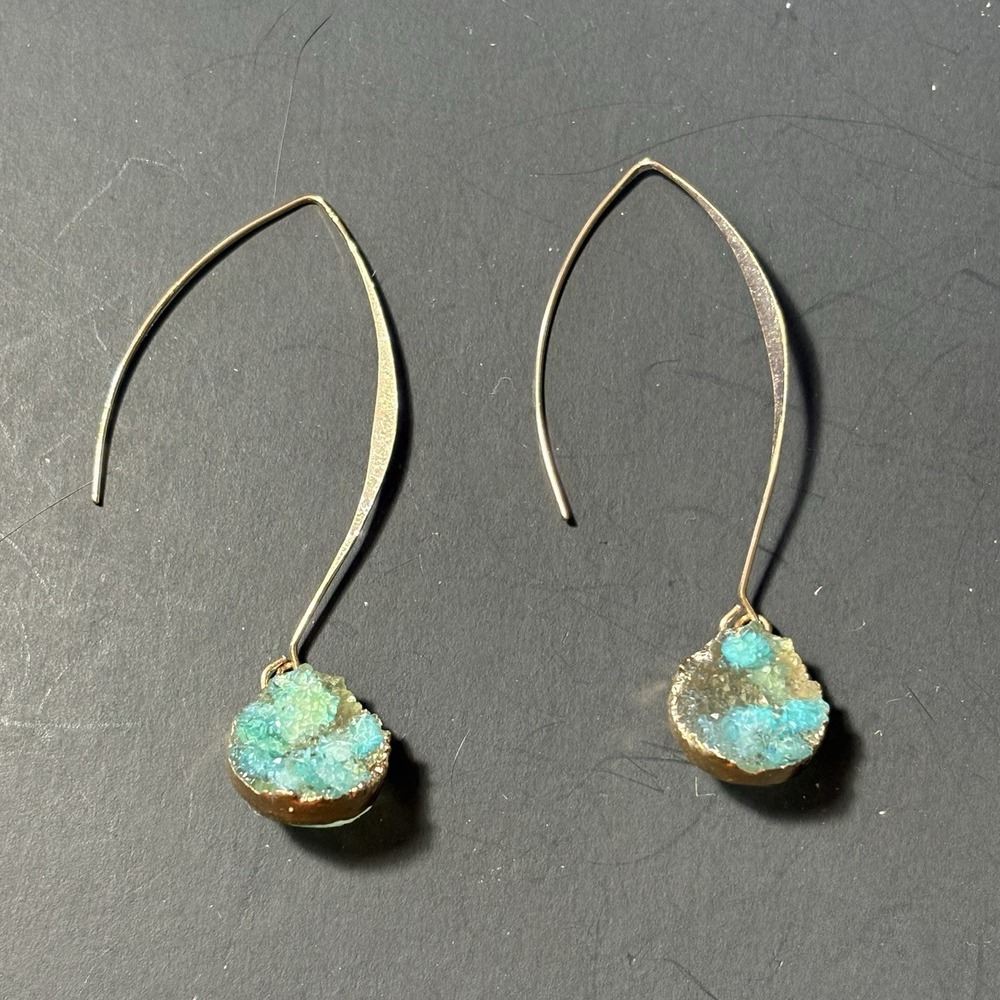 Gold‎ Tone Druzy Drop Earrings Teal Green Crystal Boho Fairy Artisan Handmade